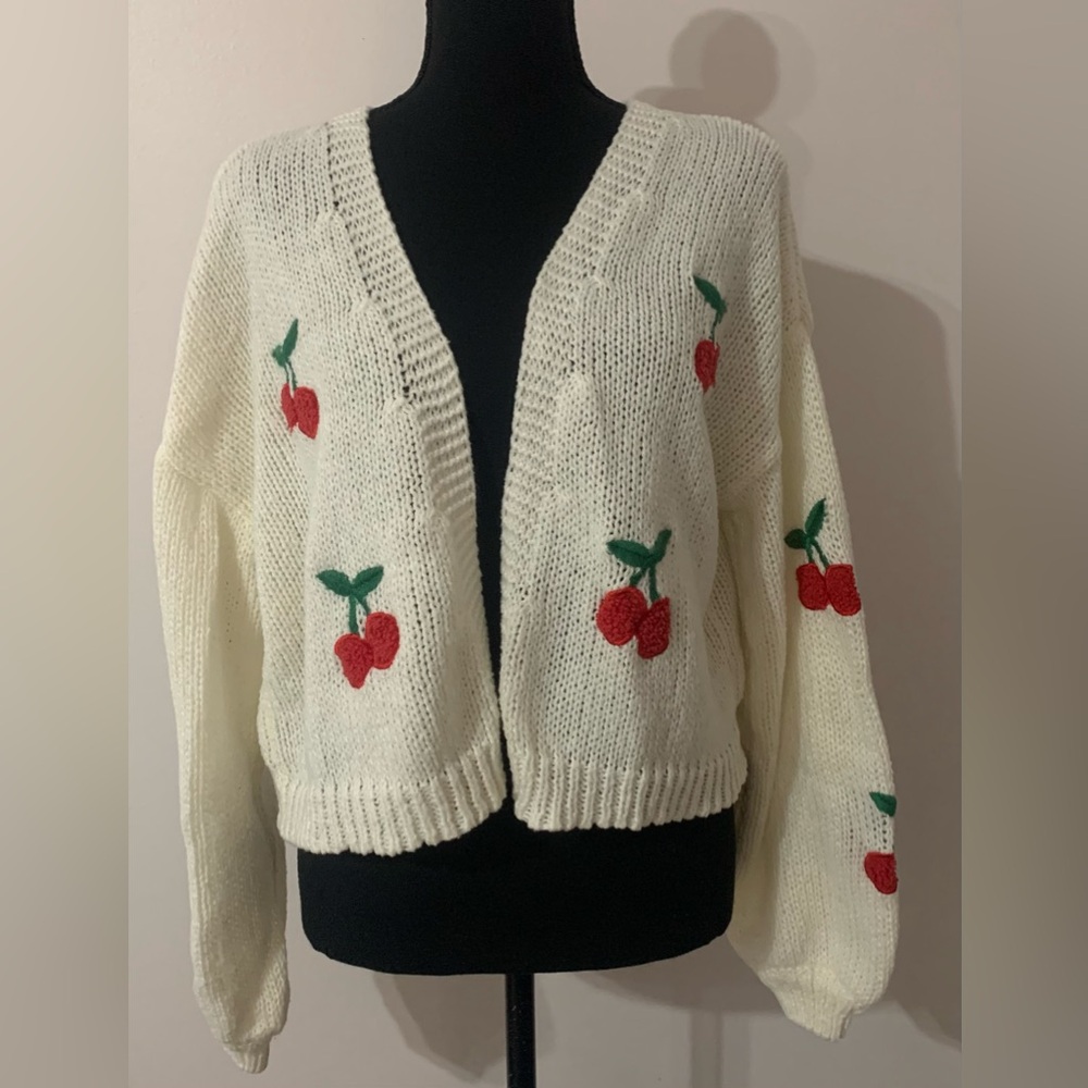 Cream Cardigan with Cherry Embroidery